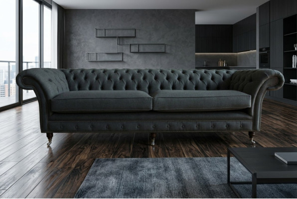 Oriģinālais Chesterfield tekstila ādas dīvāns ar lielu sēdvieta pelēka krāsā, 265 cm.