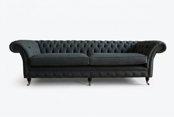 Oriģinālais Chesterfield tekstila ādas dīvāns ar lielu sēdvieta pelēka krāsā, 265 cm.
