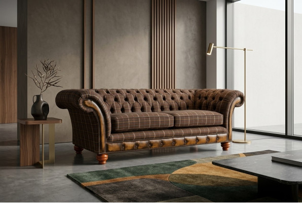 Klasiskā Chesterfield dīvāns ar 3 vietām, dizaina dīvāni, mēbeles, ādas, brūns.