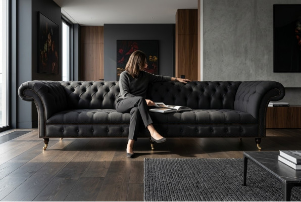 Melna Chesterfield auduma ādas dīvāns ar lielām sēdētspodrām xxl 265cm