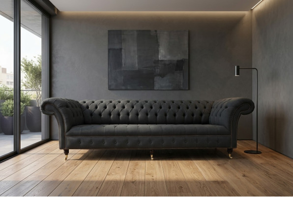 Melna Chesterfield auduma ādas dīvāns ar lielām sēdētspodrām xxl 265cm