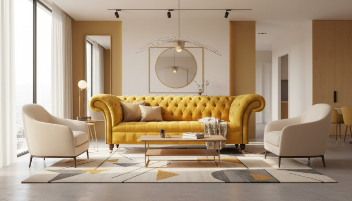 Dizainera dzeltenais Chesterfield 3-vietīgais Lux sofa dasējs