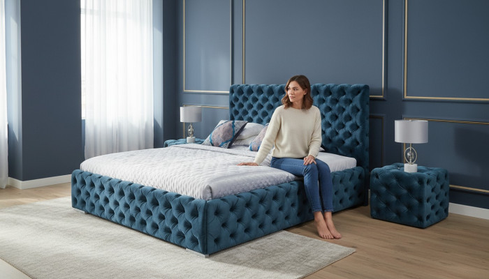Divvietīga gultas istaba Samta gultas Chesterfield gultas bāze Nakts galdiņš 3 gab. komplekts.