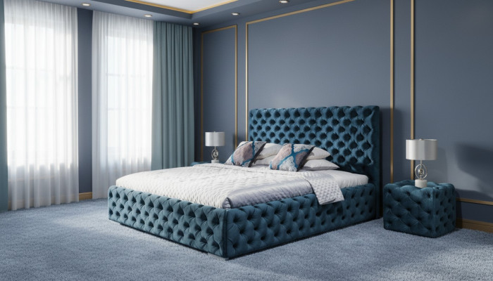 Divvietīga gultas istaba Samta gultas Chesterfield gultas bāze Nakts galdiņš 3 gab. komplekts.