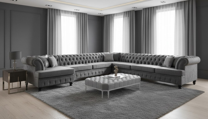 Luksusa moderns stūra dīvāns U veidā Chesterfield un galdiņš dzīvojamajai telpai tekstila.