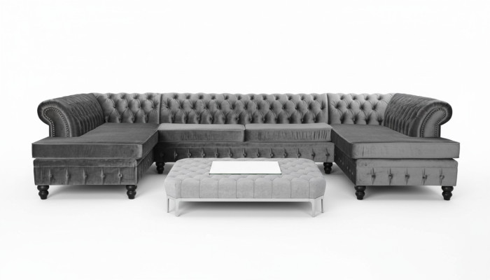 Luksusa moderns stūra dīvāns U veidā Chesterfield un galdiņš dzīvojamajai telpai tekstila.