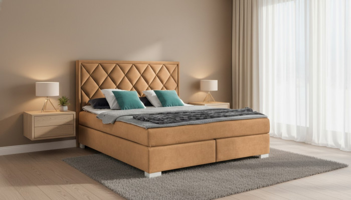 Luksusa Boxspring gults audums viesnīcas beige guļamistabas mēbeles dizains divguļamais gultas.