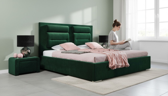 Luksusa divvietīga Boxspring gulta dubultā dizaina auduma viesnīcas zaļā guļamistabas mēbeles.