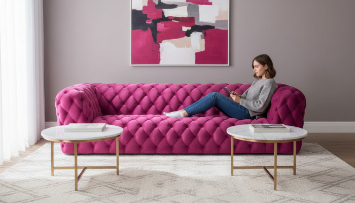 Pinke Xxl Lielā Dīvāns Chesterfield Sofa Polster Stoff Couchen Viersitzer 250cm jauns