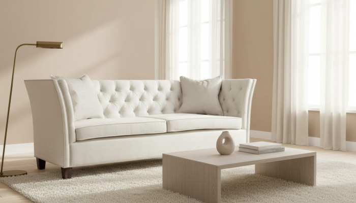 Dīvāns Beige Chesterfield Trijosvietu Polster Mēbeles Viesnīca Prakse Dzīvojamā Istaba