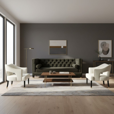 Chesterfield+2 krēsli Melns Balts XXL Big Tekstila Audums Dīvāns Radoša