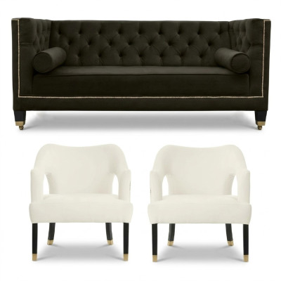 Chesterfield+2 krēsli Melns Balts XXL Big Tekstila Audums Dīvāns Radoša