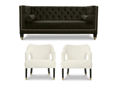 Chesterfield+2 krēsli Melns Balts XXL Big Tekstila Audums Dīvāns Radoša