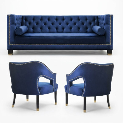 Luksusa zila Chesterfield stūra dīvāngarnitūra  krēsls + trīsvietīgais 3+1+1 komplekts
