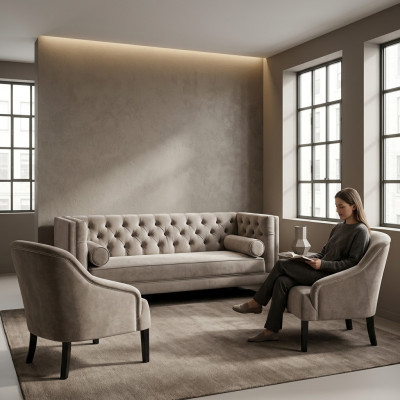 Chesterfield beige krēsla luksusa mēbeļu komplekts tekstila auduma dīvānpiederumu grupa jauna