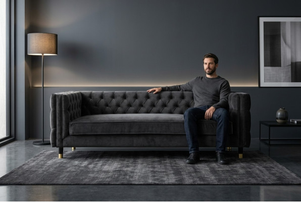 Melns Chesterfield dīvāns Lieliskas luksusa mēbeles 4 vietas Tekstila auduma dīvāns