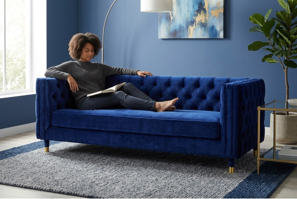 Zils dīvāns Chesterfield Big Designer 4-vietīgs Jauns audums audums.