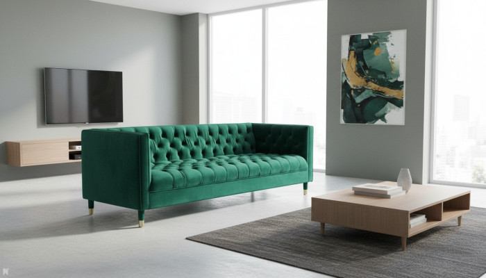 Zaļās trīsvietīgas auduma "Chesterfield" dizaina dīvāns ar polsteri, 230 cm platums.