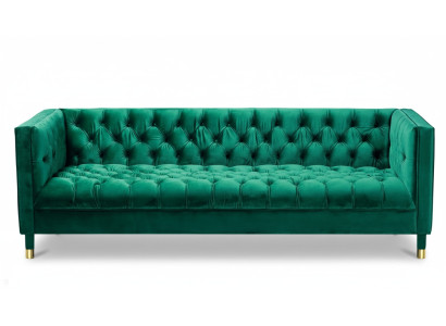 Zaļās trīsvietīgas auduma "Chesterfield" dizaina dīvāns ar polsteri, 230 cm platums.