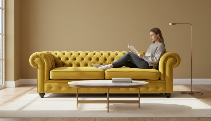 Dzeltenā gulta ar pogām Chesterfield gultas dīvāns polster sedžis dīvāns dīvāni Luxus jauns