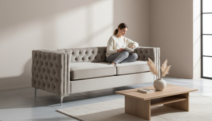 Chesterfield trīsvietīgais moderns mēbeļu tekstilas audums samets viesistaba luksusa dīvāns.