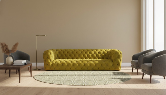Dzeltenais Chesterfield dīvāns ar četrām sēdvietām XXL liels dīvāns mīksti jaunumi cosy dīvāns.