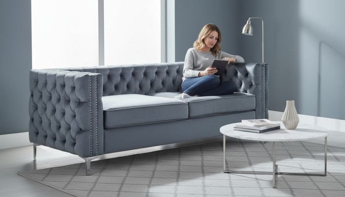 Pelēka Chesterfield dīvāns ar luksusa samta auduma dīvānu komplektu ar sprūdēm un polsterējumu, jauns
