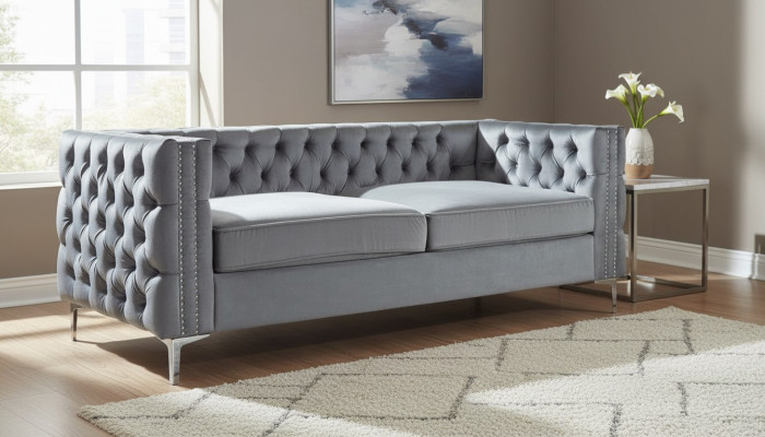 Pelēka Chesterfield dīvāns ar luksusa samta auduma dīvānu komplektu ar sprūdēm un polsterējumu, jauns