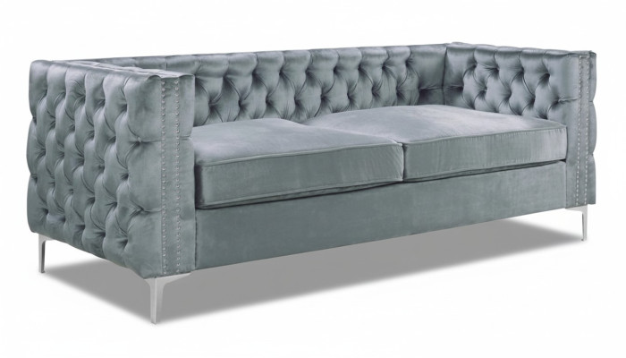 Pelēka Chesterfield dīvāns ar luksusa samta auduma dīvānu komplektu ar sprūdēm un polsterējumu, jauns