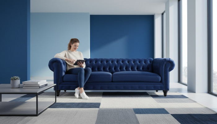 Chesterfield Trīsvietīgais Zils Jauns Dzīvojamo Istabu Moderns Radošais Mēbeles Audums Tekstils