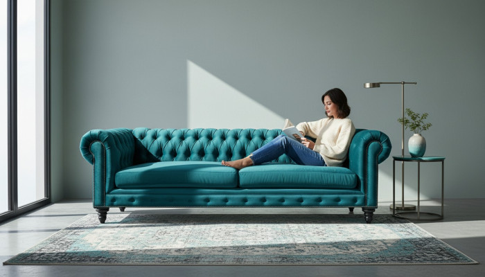 Chesterfield trīsvietīgs Radošs Mēbeles Tekstila Audums Zils Zaļš Dzīvojamā istaba Moderns.