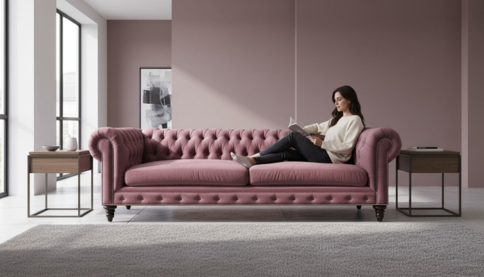Chesterfield Radošais Mēbeļu Tekstils Rozā Dīvāns Moderns Trīsvietīgs Sēžamvieta istabā