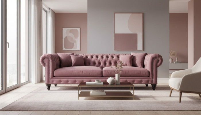 Chesterfield Radošais Mēbeļu Tekstils Rozā Dīvāns Moderns Trīsvietīgs Sēžamvieta istabā