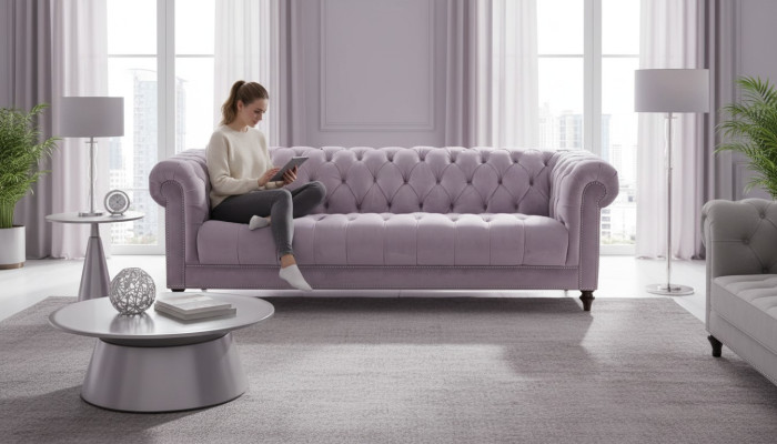 Lila trīsējvieta chesterfield dizaina dīvāns ar auduma pārvalku, sākotnējais zīda dīvāns.
