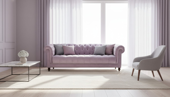 Lila trīsējvieta chesterfield dizaina dīvāns ar auduma pārvalku, sākotnējais zīda dīvāns.