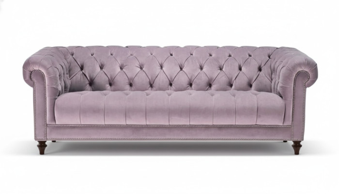 Lila trīsējvieta chesterfield dizaina dīvāns ar auduma pārvalku, sākotnējais zīda dīvāns.