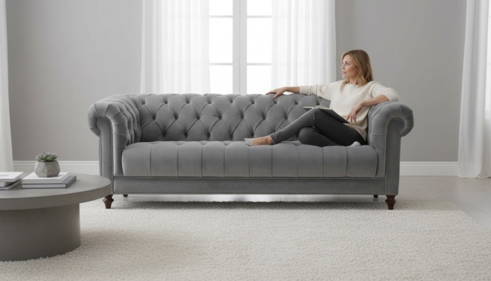 Trijvietīgais pelēks auduma dzīvojamā istaba dizaina dīvāns polster sofa dīvāns chesterfield