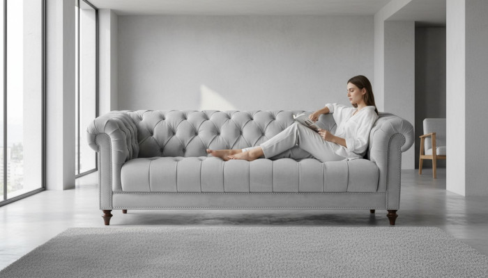 Gaiši pelēka Chesterfield trīsvietīga jauna auduma dzīvojamās istabas dīvāns polster sofa dīvāni