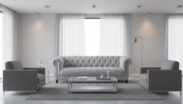 Gaiši pelēka Chesterfield trīsvietīga jauna auduma dzīvojamās istabas dīvāns polster sofa dīvāni