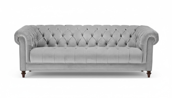 Gaiši pelēka Chesterfield trīsvietīga jauna auduma dzīvojamās istabas dīvāns polster sofa dīvāni