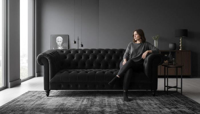 Melna flušs velvēra luxusmēbeles Chesterfield stila dīvāns ar pogām trim vietām.