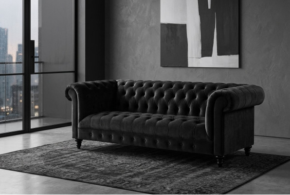 Melna flušs velvēra luxusmēbeles Chesterfield stila dīvāns ar pogām trim vietām.