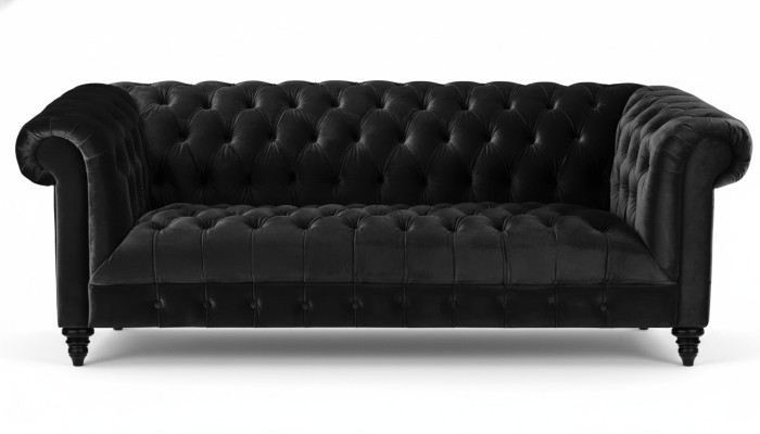 Melna flušs velvēra luxusmēbeles Chesterfield stila dīvāns ar pogām trim vietām.