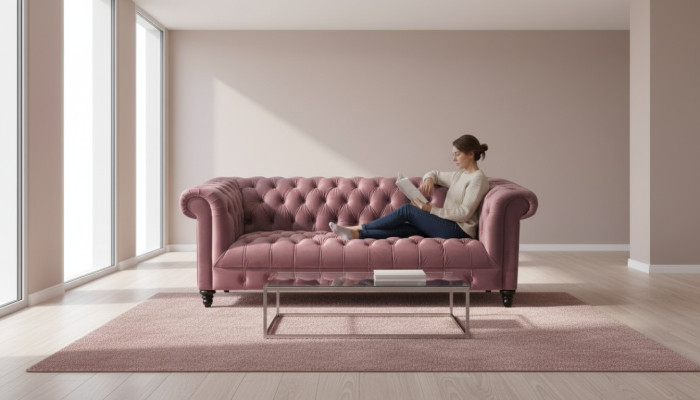 Fuchsia samta dīvāns luksusa polsteris Chesterfield mēbelēm ar pogām, trīskrēslsādižs.