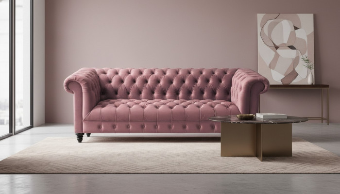 Fuchsia samta dīvāns luksusa polsteris Chesterfield mēbelēm ar pogām, trīskrēslsādižs.