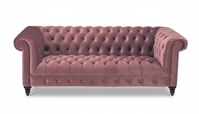 Fuchsia samta dīvāns luksusa polsteris Chesterfield mēbelēm ar pogām, trīskrēslsādižs.