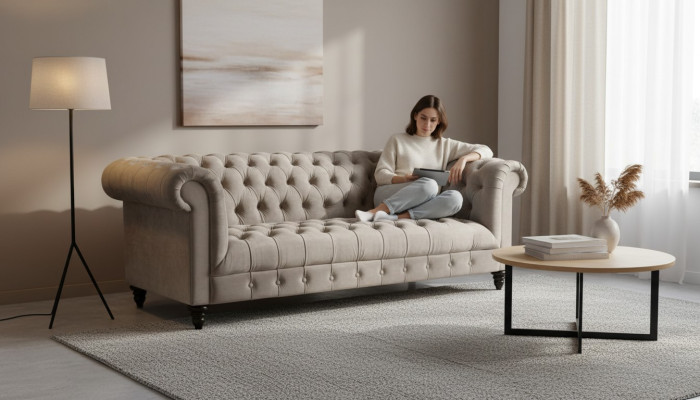 Beidzas velveta dīvāns ar kolonādes mēbelēm un pogām, savienojot Chesterfield mēbeles.