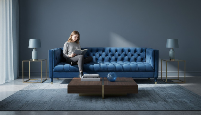Zils Česterfīldas tekstils Moderns dizains Audums Radošas mēbeles Jauna dzīvojamā istaba Sofa