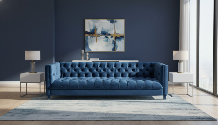 Zils Česterfīldas tekstils Moderns dizains Audums Radošas mēbeles Jauna dzīvojamā istaba Sofa