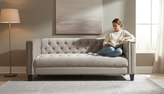 Pelēkā krāsā, trīsvietīgā tekstila Chesterfield stila mūsdienīga dizaina dīvāns istabas mūsdienīgam dizainam.